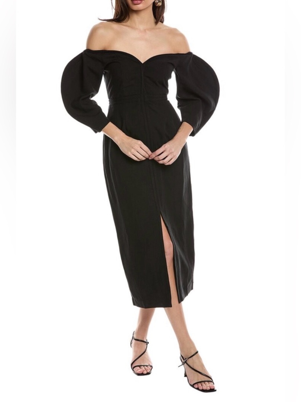Mara Hoffman Black Leonara Off Shoulder Curved Sleeve Midi Dress NEW NWT